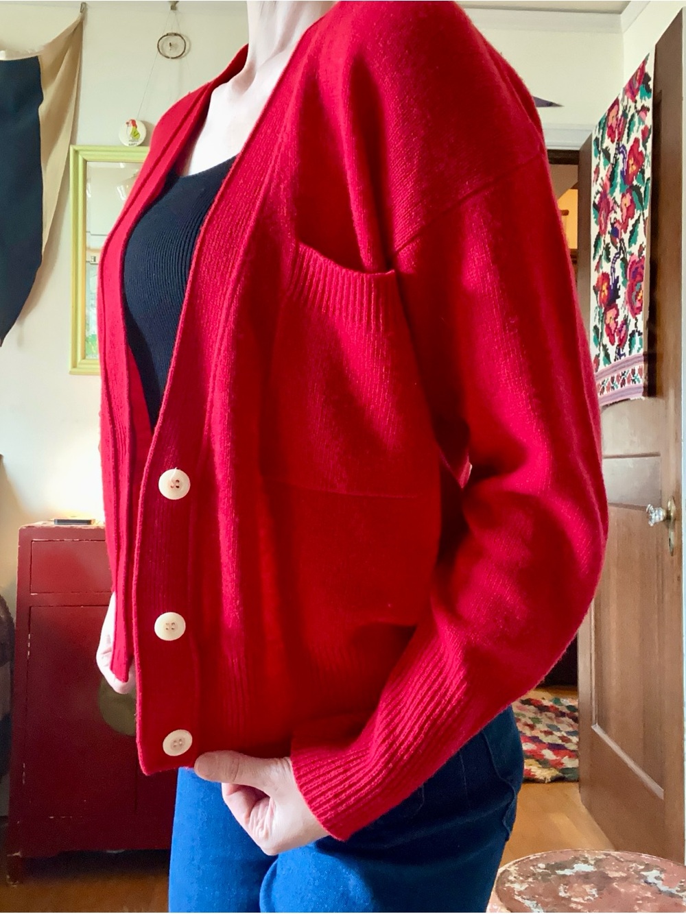 Red Lambswool Button Front Women's Cardigan